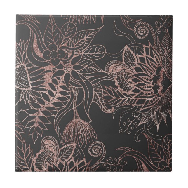 Chic Rose Gold and Black Flowers Leaves Ceramic Tile (Front)