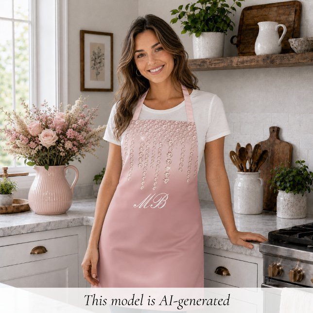Chic Rose Gold Apron (elegant glam chic luxury pink rose gold diamond apron with custom monogram initials)