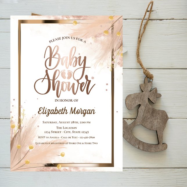 Chic Rose Gold Baby Foots Pampas Baby Shower  Invitation (Creator Uploaded)