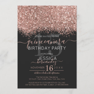 Chic Rose Gold Black Glitter Confetti Quinceañera Invitation
