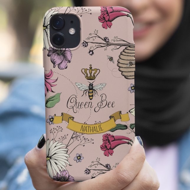 Chic Rose Gold, Black & Gold Queen Bee & Crown Case-Mate iPhone Case (Chic Hand-Drawn Royal Queen Bee & Flowers Illustration in Blush Pink.
Personalized Name in Scroll.)