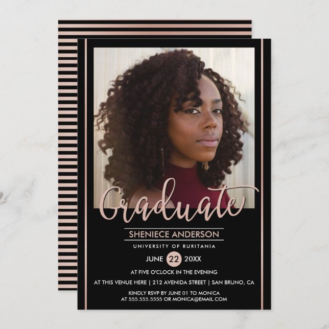 Chic Rose Gold & Black Graduation | Custom Photo Invitation (Front/Back)