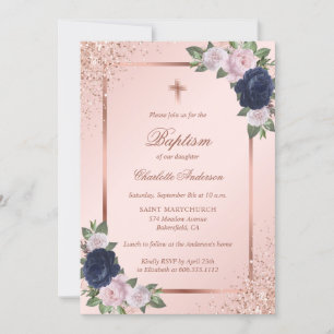 Chic Rose Gold Blue Blush Pink Floral Girl Baptism Invitation
