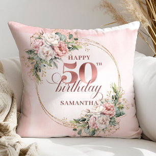 Chic Rose Gold Blush Flowers 50th Birthday Decor  Cushion