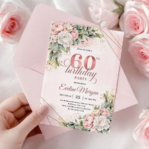 Chic Rose Gold Blush Pink Floral 60th Birthday   Invitation