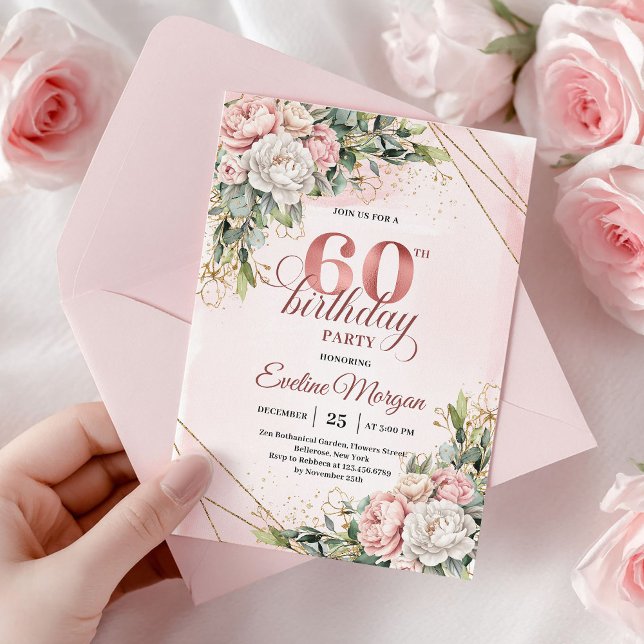 Chic Rose Gold Blush Pink Floral 60th Birthday   Invitation (Chic Rose Gold Blush Pink Floral 60th Birthday Invitation)