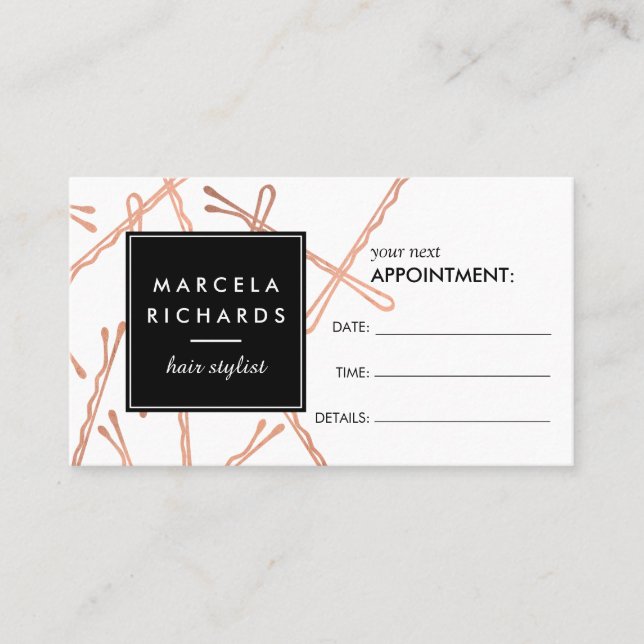 Chic Rose Gold Bobby Pins Hair Salon Appointment Card (Front)