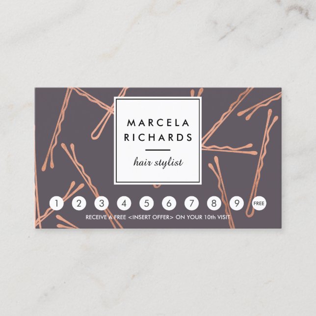 Chic Rose Gold Bobby Pins Hair Salon Grey Loyalty Card (Front)