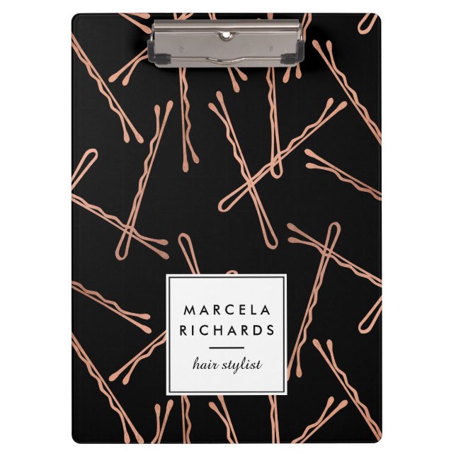 Chic Rose Gold Bobby Pins Hair Stylist Salon Black Clipboard (Front)