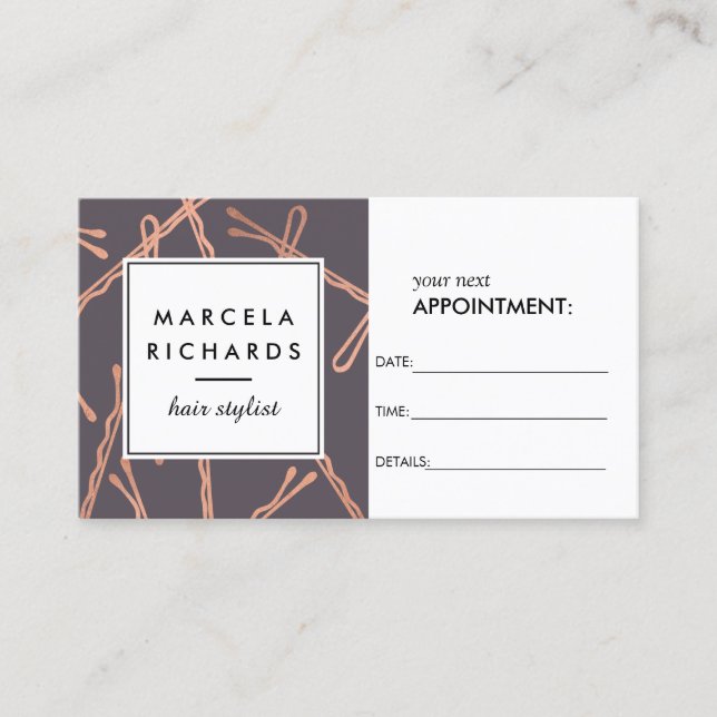 Chic Rose Gold Bobby Pins on Grey Appointment Card (Front)