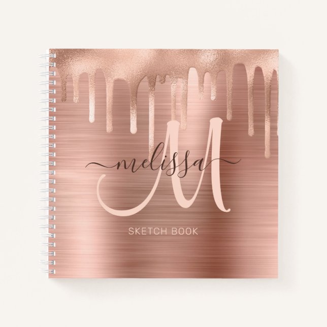 Chic Rose Gold Brushed Metal Blush Monogram Sketch Notebook (Front)