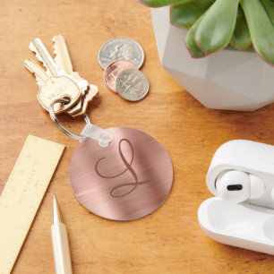 Chic Rose Gold Brushed Metal Monogram Initial Key Ring