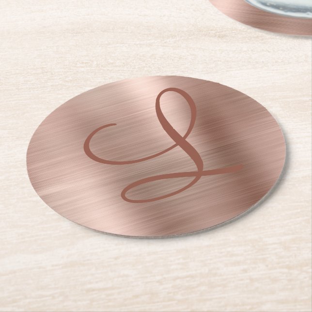 Chic Rose Gold Brushed Metal Monogram Initial Round Paper Coaster (Angled)
