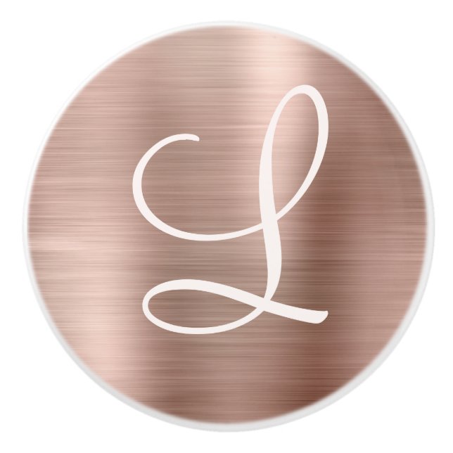 Chic Rose Gold Brushed Metal Pink Monogram Ceramic Knob (Front)
