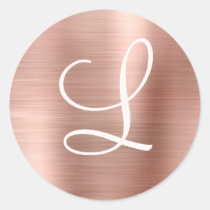 Chic Rose Gold Brushed Metal Pink Monogram Classic Round Sticker