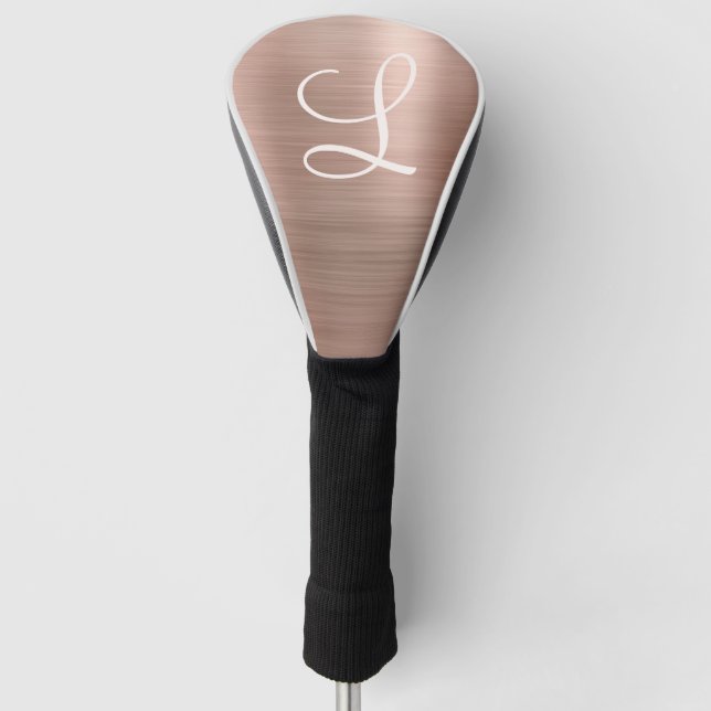 Chic Rose Gold Brushed Metal Pink Monogram Golf Head Cover (Front)