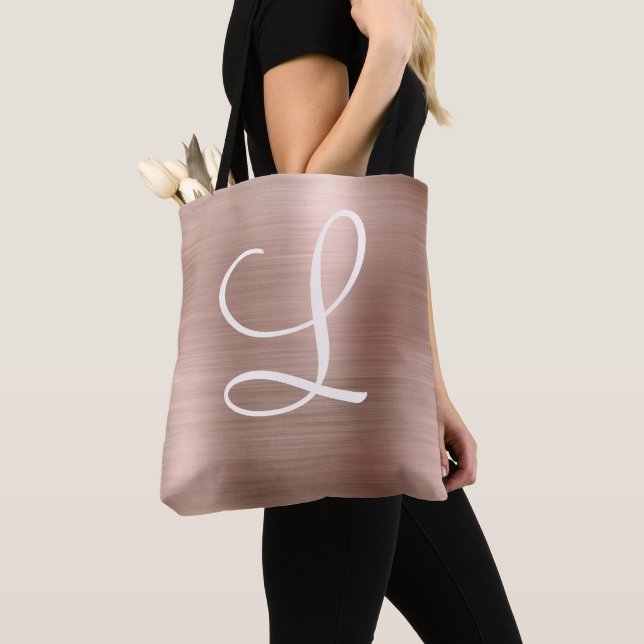 Chic Rose Gold Brushed Metal Pink Monogram Tote Bag (Close Up)