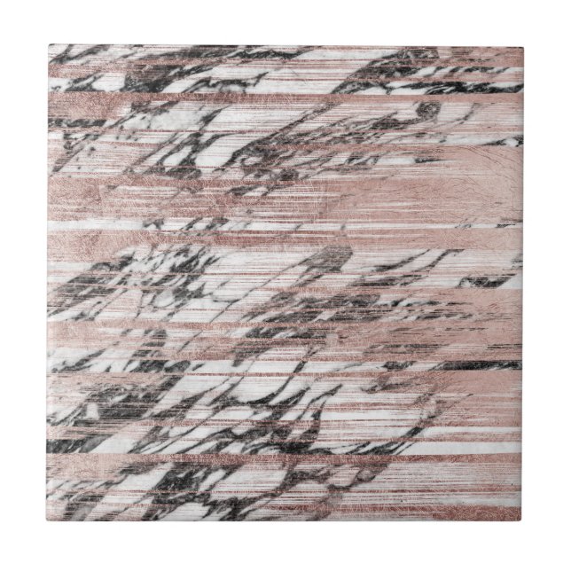 Chic Rose Gold Brushstrokes on Black White Marble Ceramic Tile (Front)