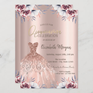 Chic Rose Gold Dress Floral Quinceañera Invitation