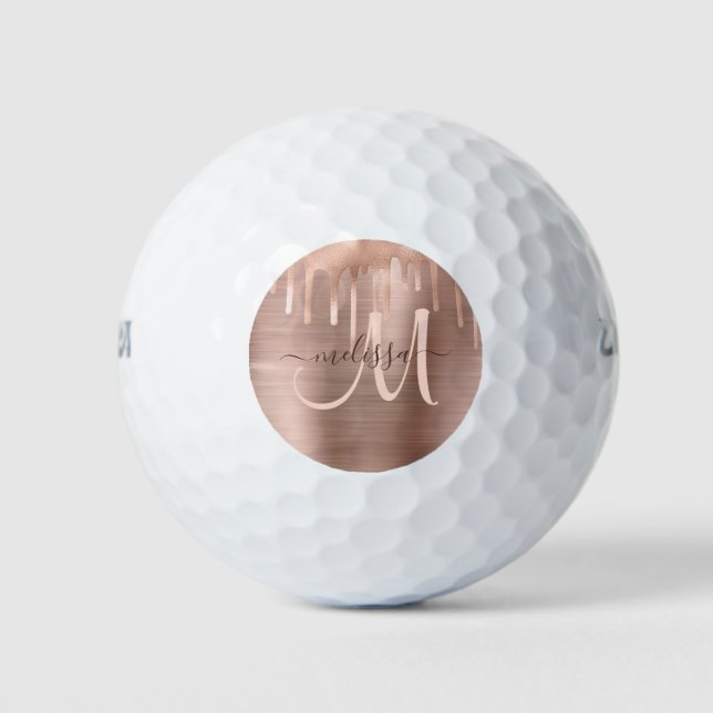 Chic Rose Gold Dripping Brushed Metal Blush Script Golf Balls (Front)