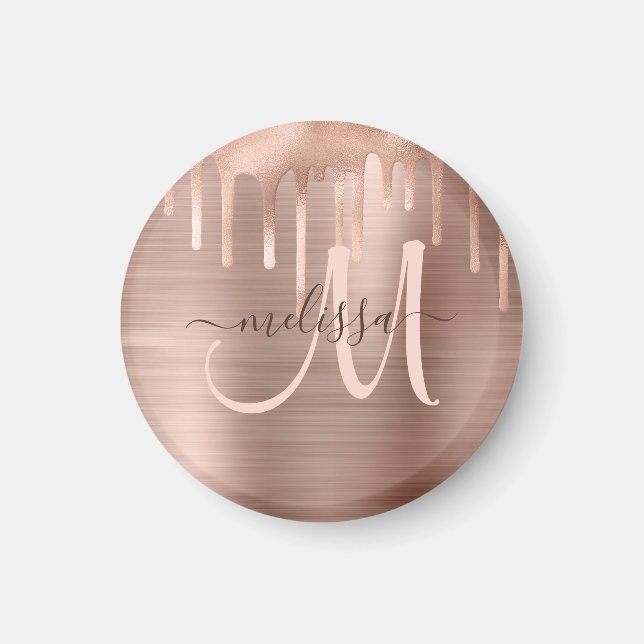 Chic Rose Gold Dripping Brushed Metal Blush Script Magnet (Front)