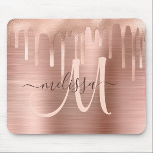 Chic Rose Gold Dripping Brushed Metal Blush Script Mouse Pad
