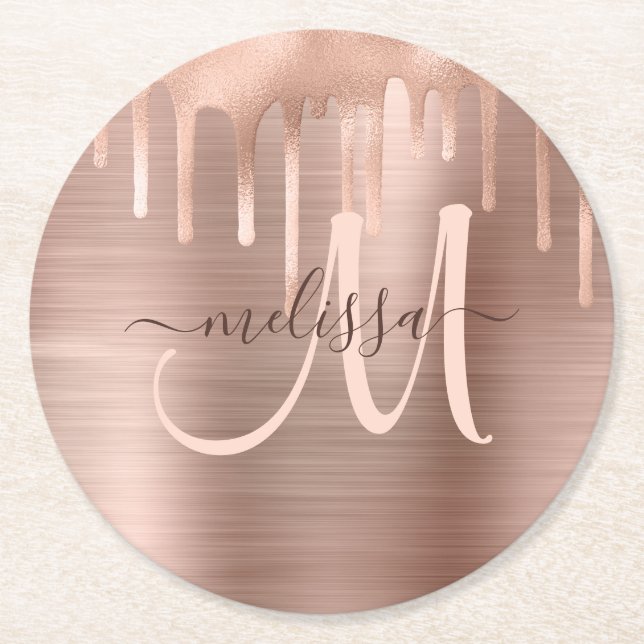 Chic Rose Gold Dripping Brushed Metal Blush Script Round Paper Coaster (Front)