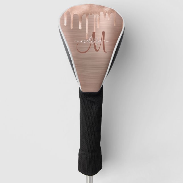 Chic Rose Gold Dripping Brushed Metal Monogram Golf Head Cover (Front)