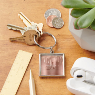 Chic Rose Gold Dripping Brushed Metal Monogram Key Ring