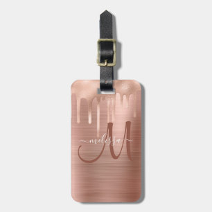 Chic Rose Gold Dripping Brushed Metal Monogram Luggage Tag