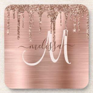 Chic Rose Gold Dripping Glitter Brushed Metal Glam Coaster