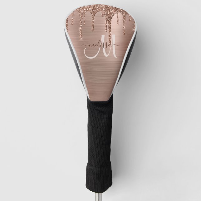 Chic Rose Gold Dripping Glitter Metal Monogram Golf Head Cover (Front)