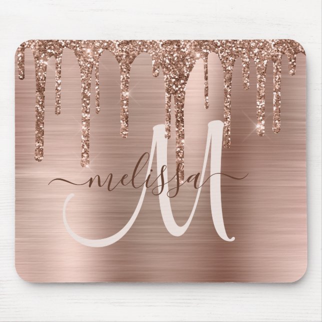 Chic Rose Gold Dripping Glitter Metal Monogram Mouse Pad (Front)