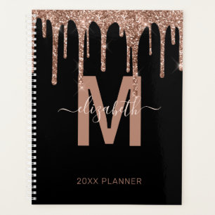 Chic Rose Gold Dripping Glitter Monogram Name 2023 Planner
