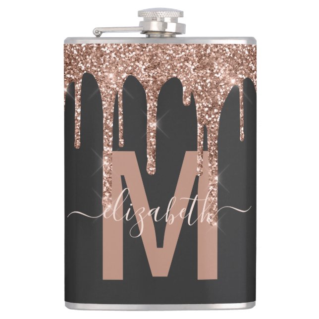 Chic Rose Gold Dripping Glitter Monogram Name Hip Flask (Front)
