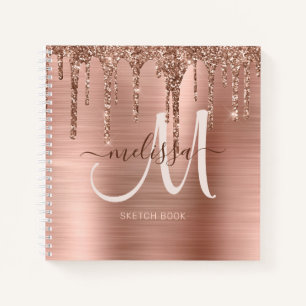 Chic Rose Gold Dripping Glitter Monogram Sketch Notebook