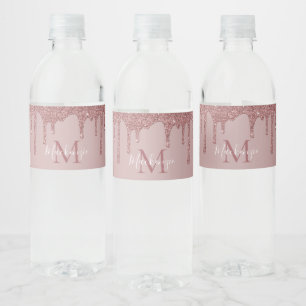 Chic Rose Gold Dripping Glitter Monogram Water Bottle Label