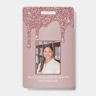 Chic Rose Gold Dripping Sparkle Glitter Monogram ID Badge