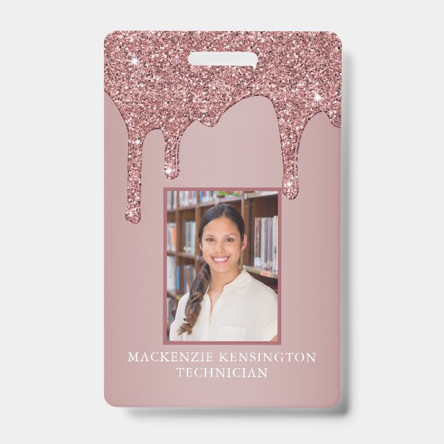 Chic Rose Gold Dripping Sparkle Glitter Monogram ID Badge (Front)