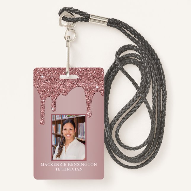 Chic Rose Gold Dripping Sparkle Glitter Monogram ID Badge (Front with Lanyard)