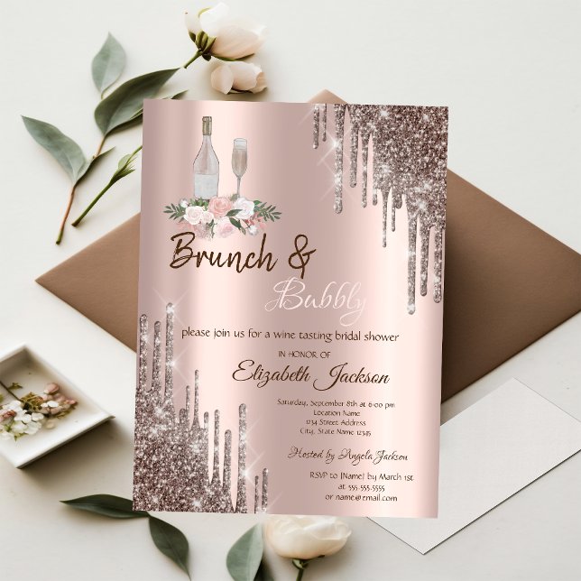 Chic Rose Gold Drips Brunch & Bubbly Bridal Shower Invitation (Creator Uploaded)