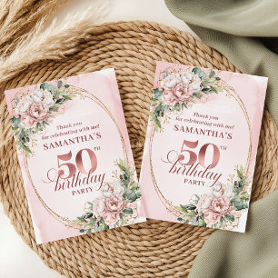 Chic Rose Gold Dusty Pink Floral 50th Birthday  Thank You Card
