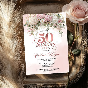 Chic Rose Gold Eucalyptus 50th Birthday Celebrate Invitation