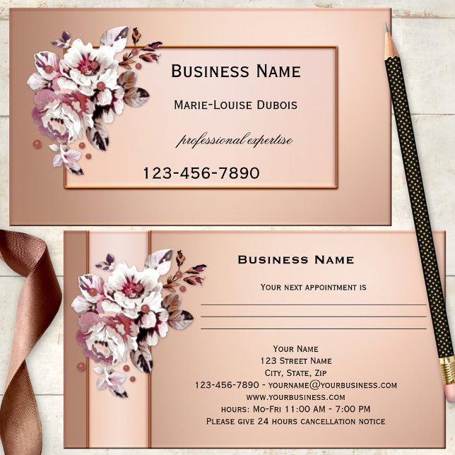 Chic Rose Gold Floral Appointment Business Card (Appointment business card in chic rose gold or red copper metallic with elegant vintage flowers)
