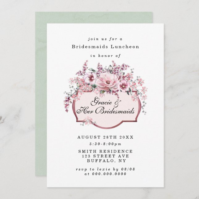Chic Rose Gold Floral Bridesmaids Luncheon Invites (Front/Back)
