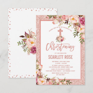 Chic Rose Gold Floral Christening Baby Girl Invitation