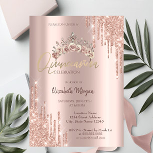 Chic Rose Gold Floral Crown Drops Quinceañera  Invitation