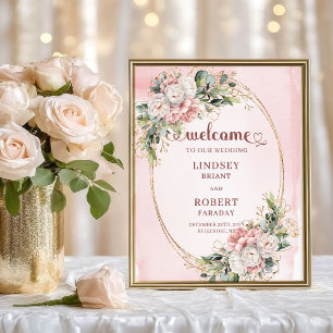 Chic Rose Gold Floral Greenery Wedding Welcome  Poster