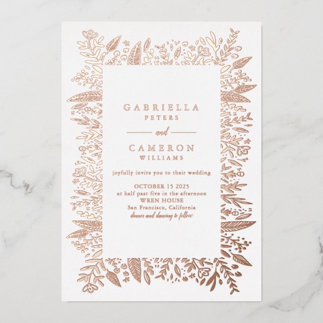 Chic Rose Gold Floral Line Art Drawing Wedding (Front)