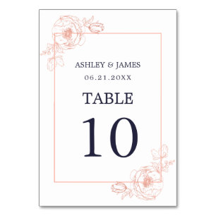 Chic Rose Gold Floral Outline Navy Blue Wedding Table Number